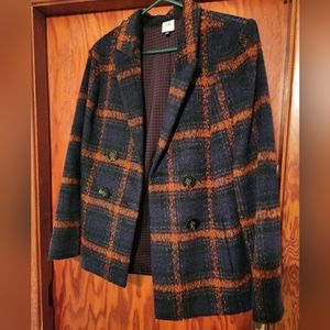 CAbi Plaid Pea Coat- Size Large- Navy Blue Plaid